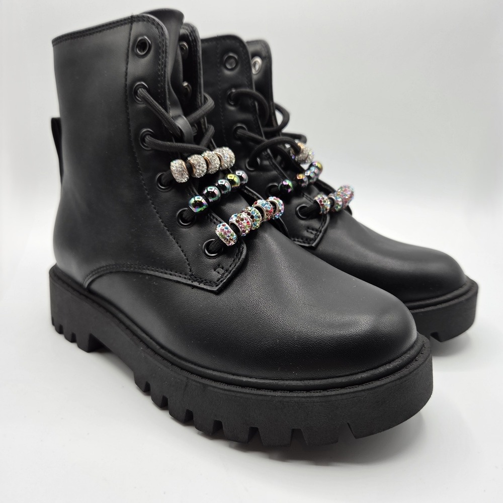 Girls Black Faux Leather Rhinestone Bead Lug Sole Combat Boots Size‎ 2